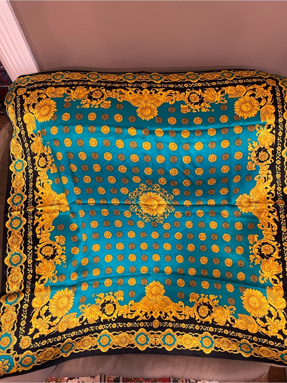 Versace Turquoise and Gold Baroque Medallion Silk Scarf
